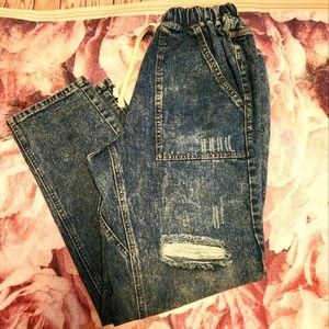 Vintage Style Elastic Waist Distressed Denim Jeans Medium